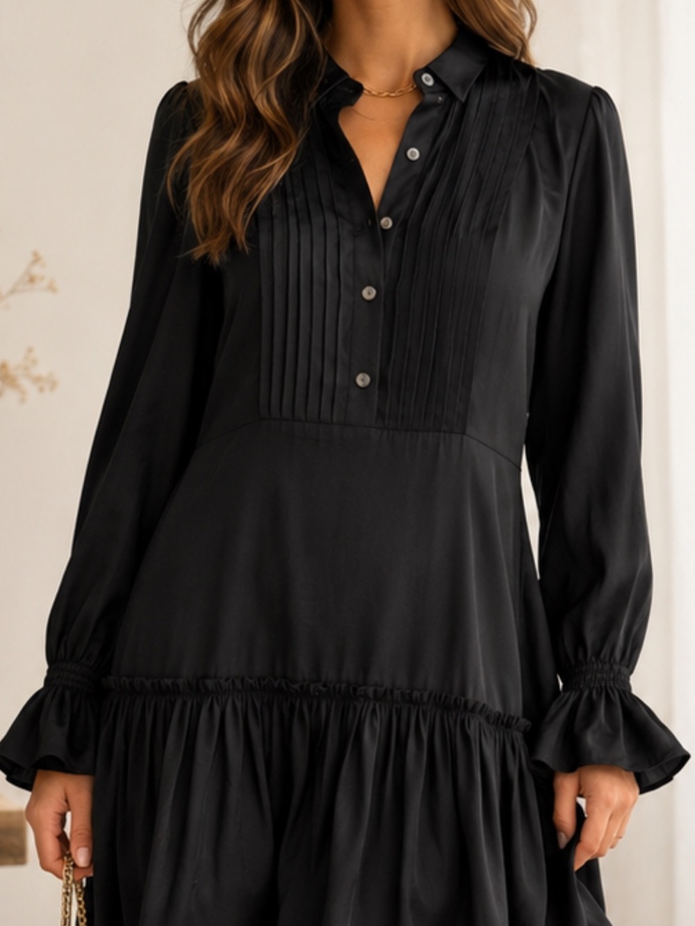 Coach Black Long-Sleeve Pleated Midi Dress silk blend made in Italy